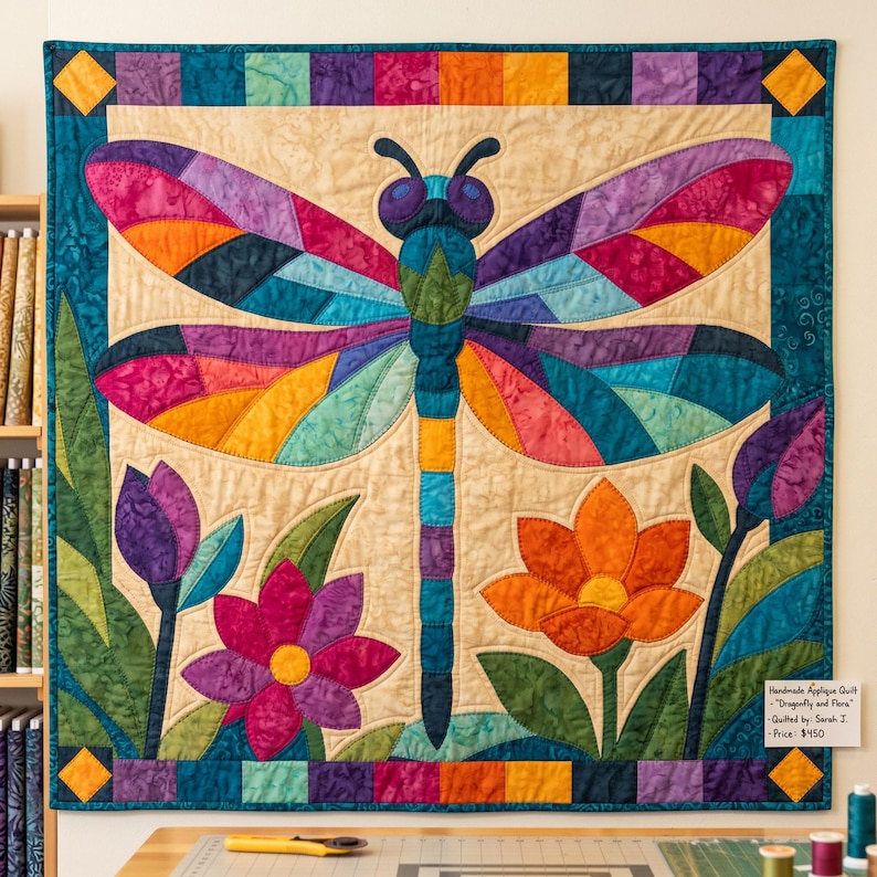 Mönster för trollslända-quilt, applikation med smältbara kanter, quiltmönster i PDF-format, väggbonad med lapptäcke, mall för quilt med folkkonst bild 11