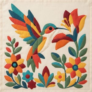 May include: A square fabric wall hanging featuring a colorful appliqued hummingbird hovering near a large flower. The design includes various floral elements in shades of red, orange, yellow, teal, and green, all stitched onto a cream-colored background.