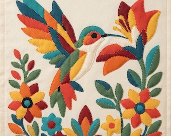 Patrón de colcha de colibrí, patrón de colcha de pared de pájaros en PDF, colcha de apliques para principiantes, aplique termoadhesivo con borde sin rematar