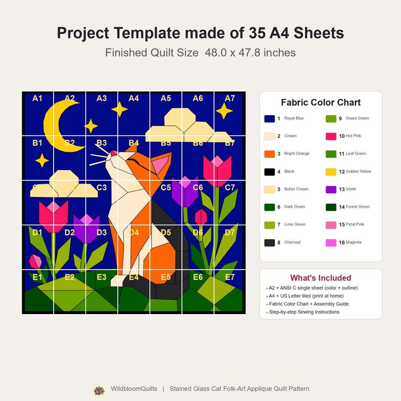 Cat Quilt Pattern, Cat Wall Hanging Quilt Pattern PDF, Easy Applique Quilt for Beginners, Folk Art Cat Lover Gift, Raw Edge Fusible Applique image 14