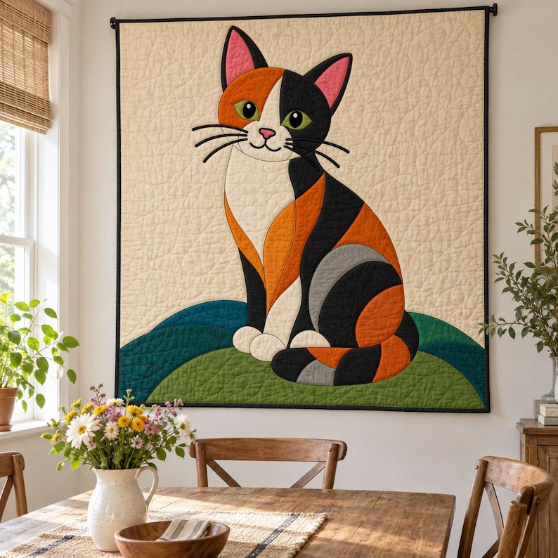 Calico Cat Quilt Pattern, Applique & Collage Quilt, Cat Quilt Pattern PDF, Patchwork Wall Hanging, Folk Art Quilt Template image 6