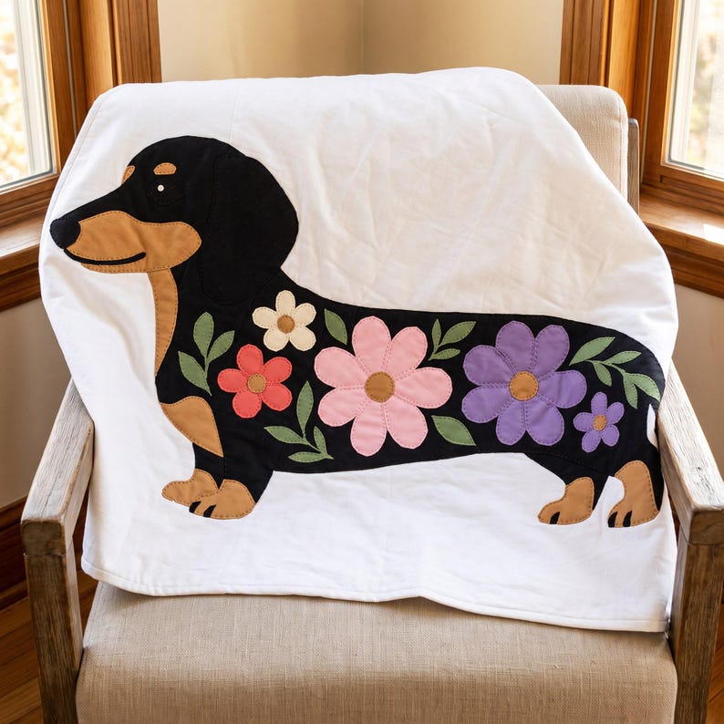 Dachshund Quilt Pattern, Dog Wall Hanging Quilt Pattern PDF, Easy Floral Applique Quilt for Beginners, Doxie Gift, Raw Edge Fusible Applique image 3