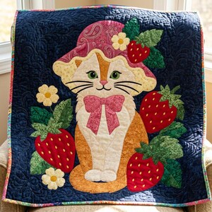 Strawberry Cat Quilt Pattern, Raw Edge Fusible Applique, Cat Quilt Pattern PDF, Patchwork Wall Hanging, Folk Art Quilt Template image 2