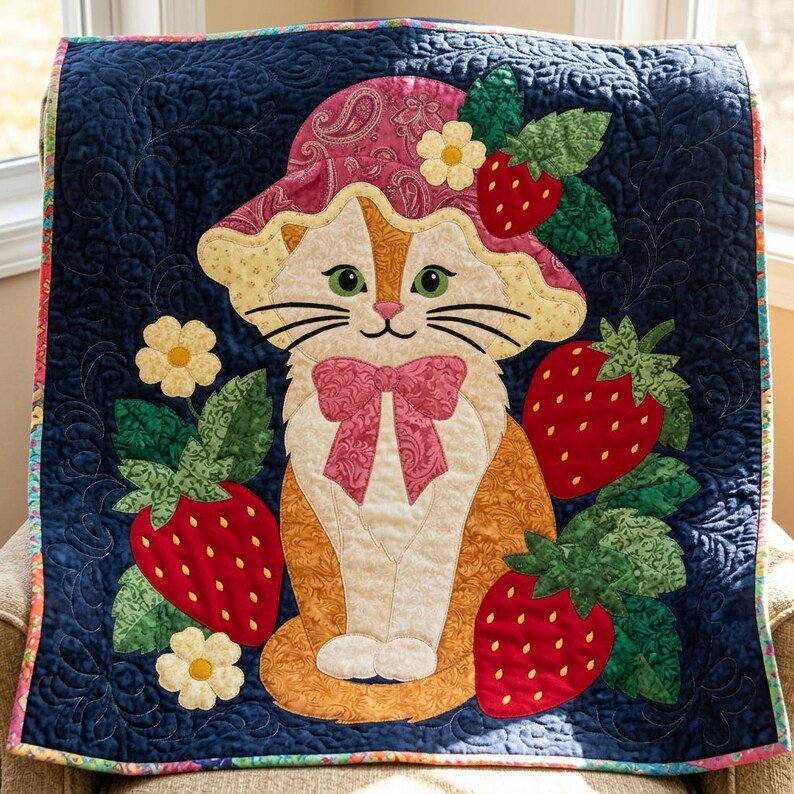 Strawberry Cat Quilt Pattern, Raw Edge Fusible Applique, Cat Quilt Pattern PDF, Patchwork Wall Hanging, Folk Art Quilt Template image 2