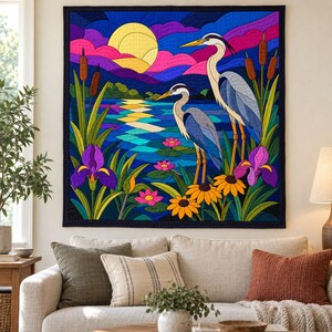 Patrón de colcha de garza, aplique termoadhesivo con borde sin rematar, patrón de colcha de pájaros en PDF, tapiz de pared de paisaje de humedal, plantilla de colcha de arte popular imagen 11