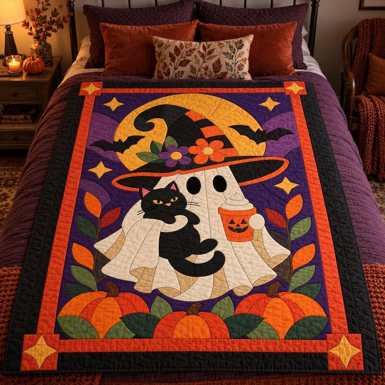 Halloween Ghost Quilt Pattern, Applique & Collage Quilt, Black Cat Quilt Pattern PDF, Patchwork Wall Hanging, Witch Hat Pumpkin Template image 16