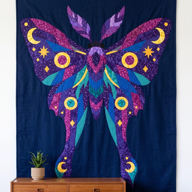 Amethyst Moth Quilt Pattern, Raw Edge Fusible Applique PDF, Celestial Moth Pattern, Patchwork Wall Hanging, Folk Art Quilt Template image 7