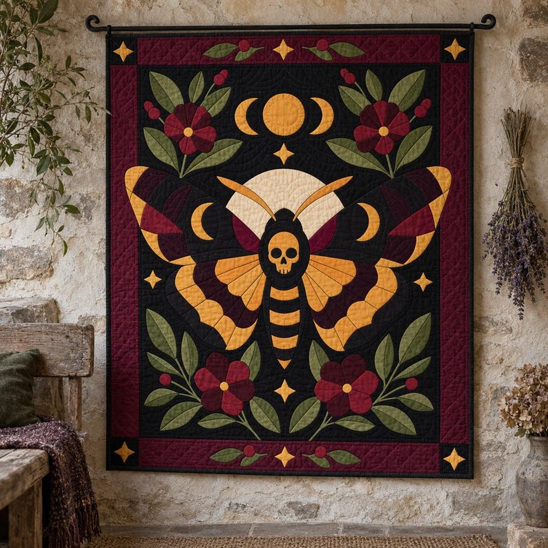 Death's Head Moth Quilt Pattern, Applique & Collage Quilt, Gothic Moth PDF Pattern, Patchwork Wall Hanging, Folk Art Quilt Template image 12