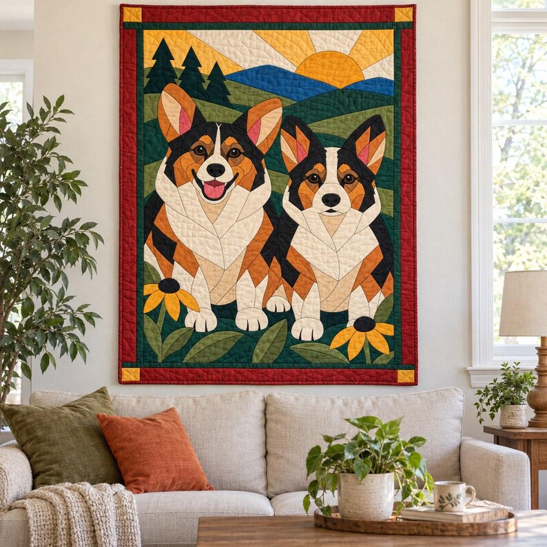 Corgi Pair Quilt Pattern, Applique & Collage Dog Quilt, Animal Quilt Pattern PDF, Patchwork Wall Hanging, Folk Art Quilt Template image 12