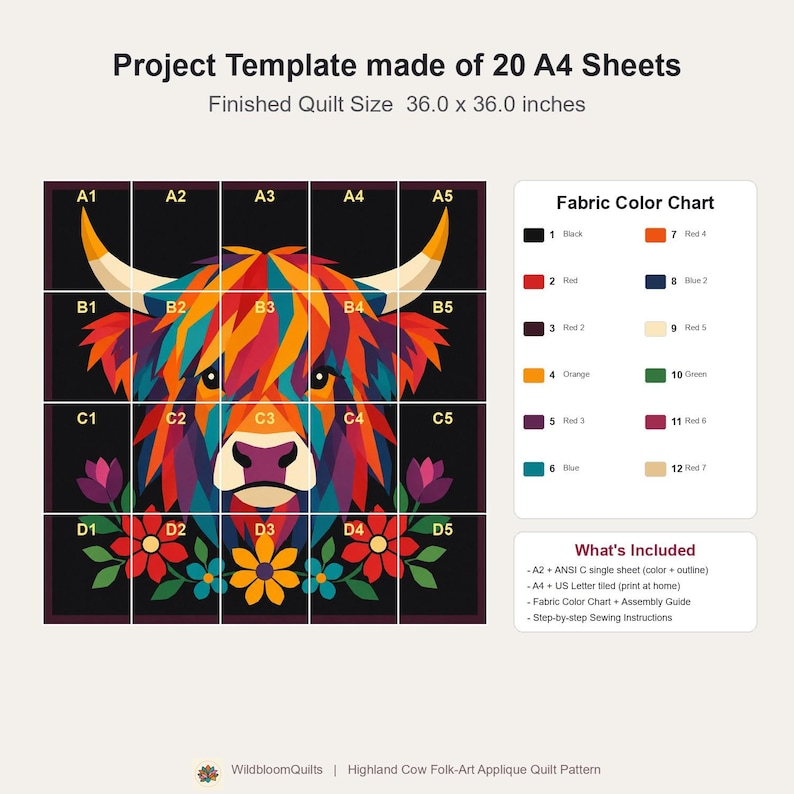 Highland Cow Quilt Pattern, Cow Wall Hanging Quilt Pattern PDF, Easy Applique Quilt for Beginners, Raw Edge Fusible Applique image 11