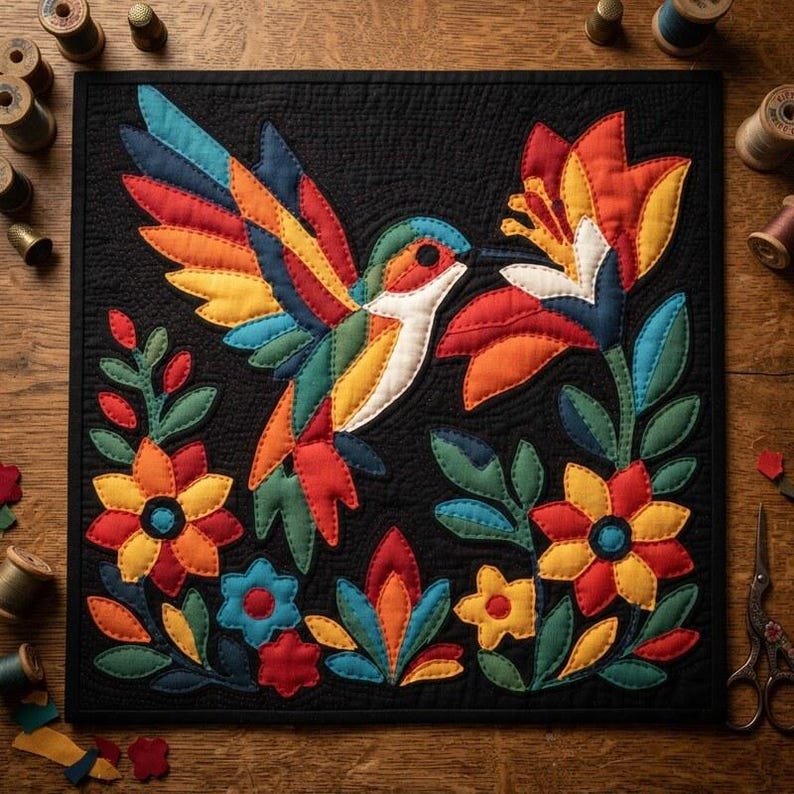 Patrón de colcha de colibrí, patrón de colcha de pared de pájaros en PDF, colcha de apliques para principiantes, aplique termoadhesivo con borde sin rematar imagen 4