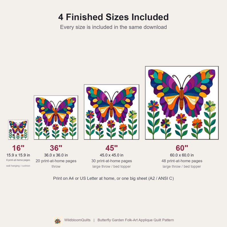 Butterfly Garden Quilt Pattern, Raw Edge Fusible Applique PDF, Folk Art Animal Quilt, Patchwork Wall Hanging Template image 15