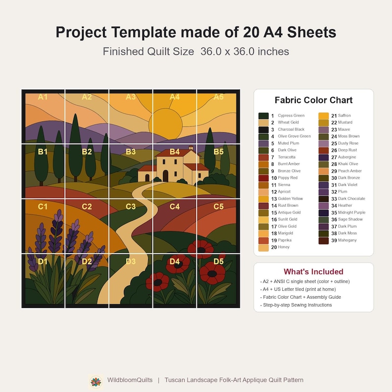 Tuscan Landscape Quilt Pattern, Applique & Collage Quilt PDF, Countryside Wall Hanging, Folk Art Patchwork, Raw Edge Fusible Applique image 4