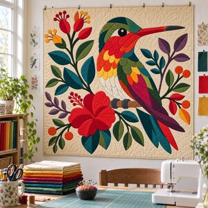 Patrón de colcha de colibrí, colcha de apliques y collage, patrón de colcha floral tropical en PDF, tapiz bohemio, plantilla de colcha de pájaros de arte popular imagen 9