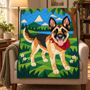 Quiltmuster für einen Deutschen Schäferhund, Applikations- und Collage-Hundequilt, Tierquiltmuster (PDF), Patchwork-Wandbehang, Quiltvorlage im Volkskunststil Bild 6