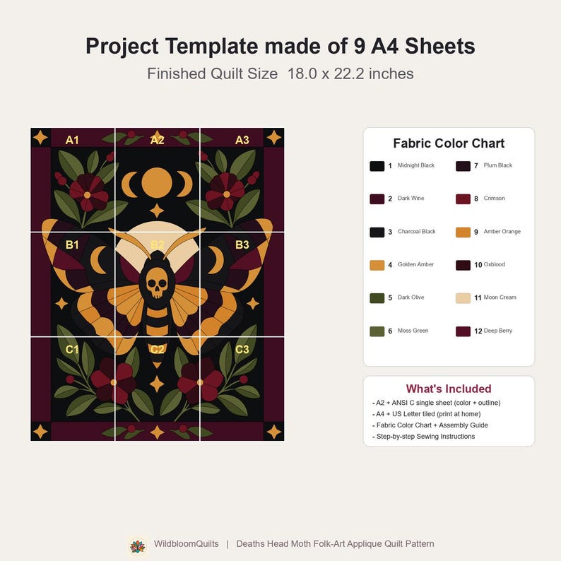 Death's Head Moth Quilt Pattern, Applique & Collage Quilt, Gothic Moth PDF Pattern, Patchwork Wall Hanging, Folk Art Quilt Template image 15