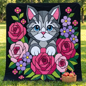 Cat with Roses Quilt Pattern, Cat Wall Hanging Quilt Pattern PDF, Floral Applique Quilt Pattern, Raw Edge Fusible Applique image 9