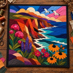 Quiltmuster „Wildblumen an Küstenklippen“, Applikations- und Collage-Quilt, Landschafts-Quiltmuster (PDF), Applikation mit offener Kante zum Aufbügeln Bild 3