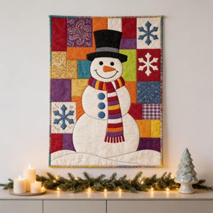 Snowman Quilt Pattern, Raw Edge Fusible Applique, Christmas Quilt Pattern PDF, Patchwork Wall Hanging, Folk Art Winter Template image 2