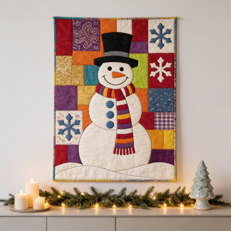 Snowman Quilt Pattern, Raw Edge Fusible Applique, Christmas Quilt Pattern PDF, Patchwork Wall Hanging, Folk Art Winter Template image 2