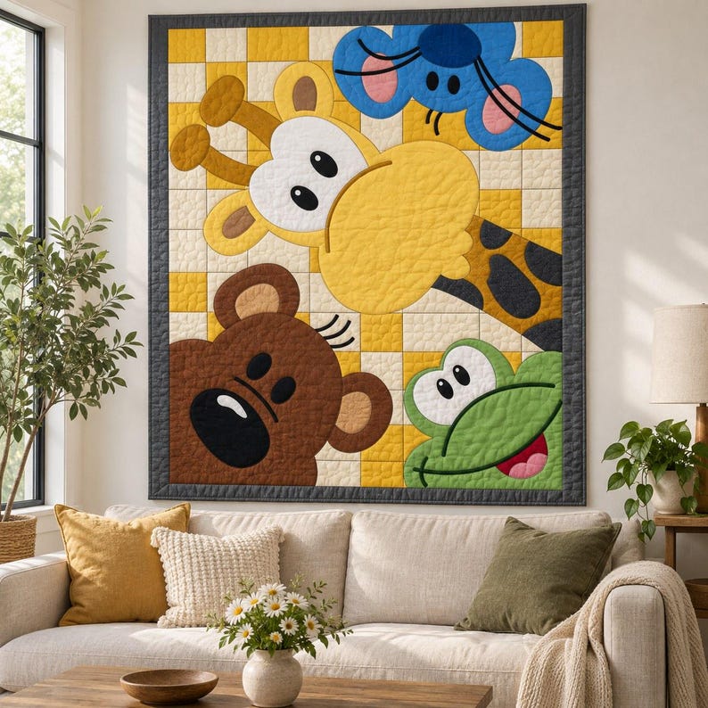 Mönster för quilt med kikande djurungar, applikations- och collagequilt i PDF-format, mönster för barnquilt med djurmotiv, väggbonad med lapptäcke för barnrum, quilt med folkkonst bild 12