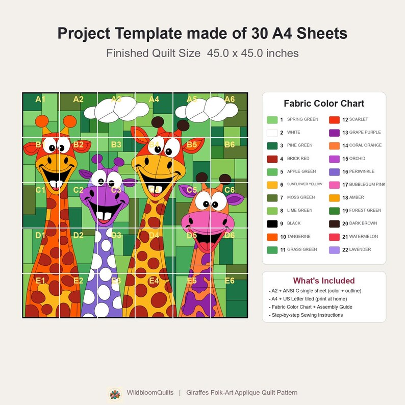 Mönster för giraffquilt, applikation med smältbara kanter i PDF-format, quiltmönster för djur, väggbonad med lapptäcke, mall för quilt med folkkonst bild 14