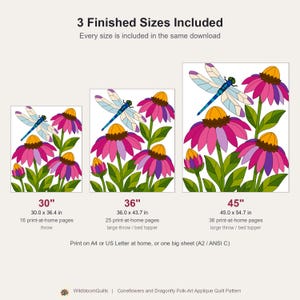 Mönster med trollslända- och solhattblommigt quiltmönster, applikations- och collagequilt i PDF-format, quiltmönster med blommigt djurmönster, applikation med råa kanter och smältbara mönster bild 15