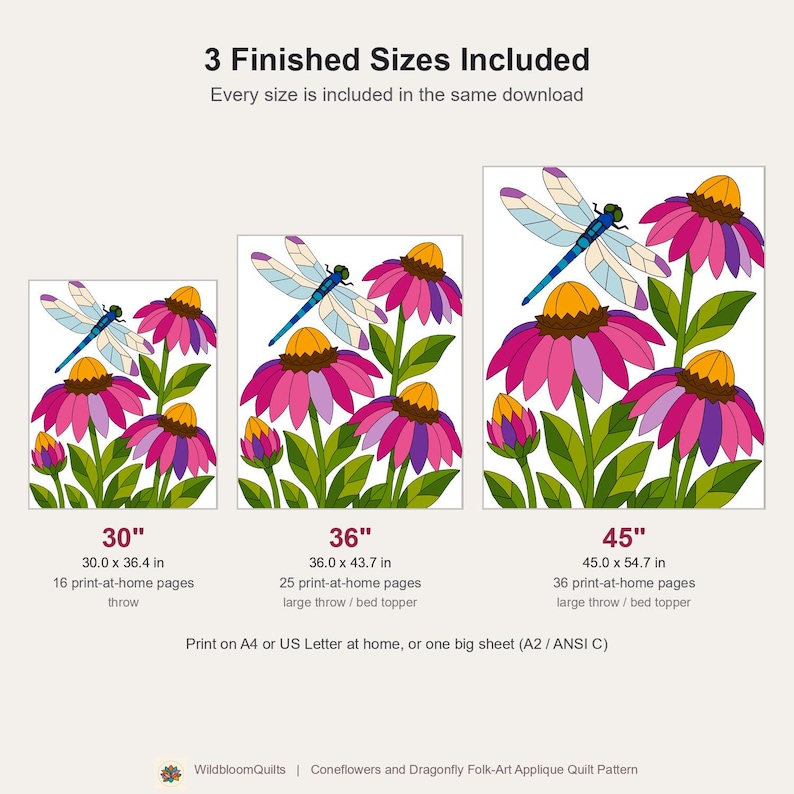 Mönster med trollslända- och solhattblommigt quiltmönster, applikations- och collagequilt i PDF-format, quiltmönster med blommigt djurmönster, applikation med råa kanter och smältbara mönster bild 15