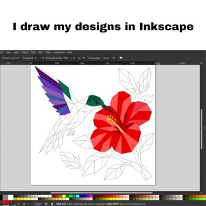May include: A digital graphic design displayed in Inkscape software featuring a geometric hummingbird with purple, blue, and green wings hovering near a large red hibiscus flower. The text "I draw my designs in Inkscape" appears above.