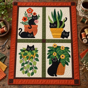 Black Cat Quilt Pattern, Applique & Collage Quilt, Houseplant Cat Quilt PDF, Patchwork Wall Hanging, Folk Art Animal Quilt Template image 2