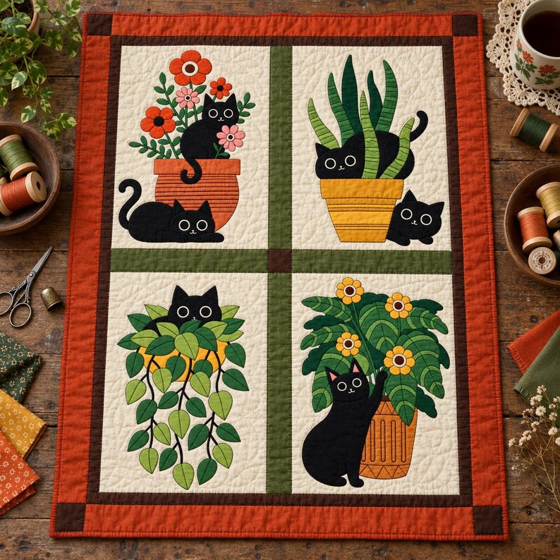 Black Cat Quilt Pattern, Applique & Collage Quilt, Houseplant Cat Quilt PDF, Patchwork Wall Hanging, Folk Art Animal Quilt Template image 2