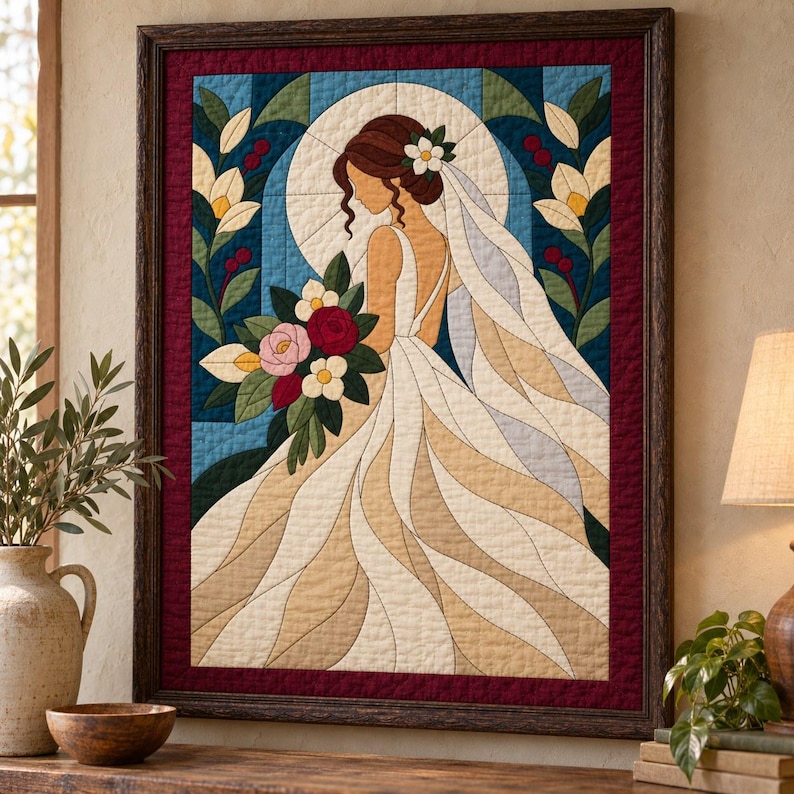 Bride Quilt Pattern, Applique & Collage Quilt, Wedding Quilt Pattern PDF, Patchwork Wall Hanging, Folk Art Quilt Template image 1