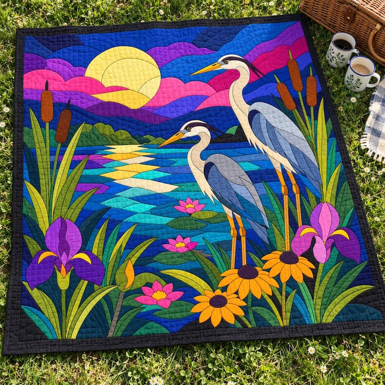 Patrón de colcha de garza, aplique termoadhesivo con borde sin rematar, patrón de colcha de pájaros en PDF, tapiz de pared de paisaje de humedal, plantilla de colcha de arte popular imagen 10