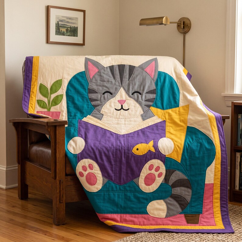 Reading Cat Quilt Pattern, Raw Edge Fusible Applique, Cat Quilt Pattern PDF, Patchwork Wall Hanging, Folk Art Quilt Template image 19