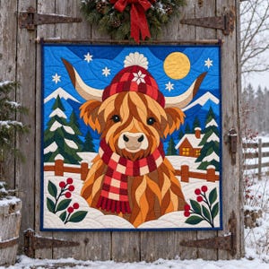 Modello per trapunta natalizia con mucca delle Highlands, trapunta con applicazioni e collage, modello PDF per trapunta con animali, arazzo patchwork, arte popolare immagine 12