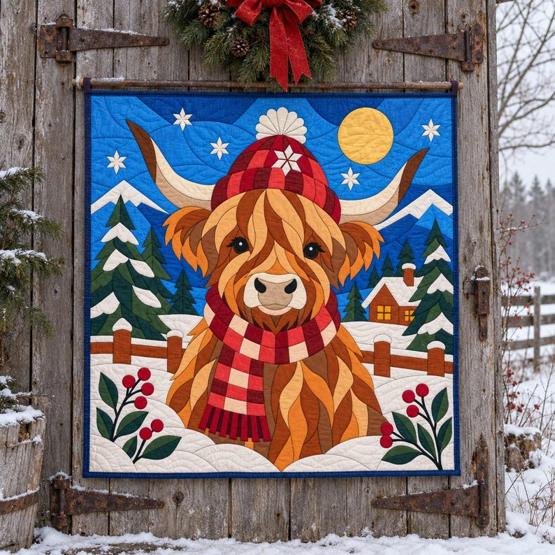 Modello per trapunta natalizia con mucca delle Highlands, trapunta con applicazioni e collage, modello PDF per trapunta con animali, arazzo patchwork, arte popolare immagine 12