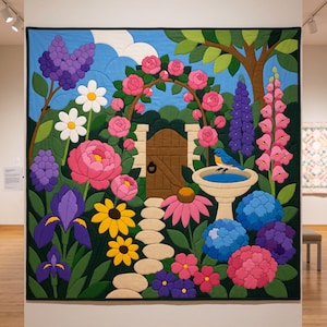 Op de afbeelding: Een grote vierkante stoffen quilt met een levendige tuinscène, een stenen pad en een houten poort. Het ontwerp bevat roze rozen op een boog, paarse irissen, gele madeliefjes, roze zonnehoeden, blauwe hortensia's en een vogelbadje.