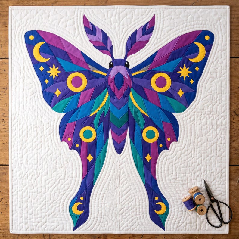Amethyst Moth Quilt Pattern, Raw Edge Fusible Applique PDF, Celestial Moth Pattern, Patchwork Wall Hanging, Folk Art Quilt Template image 16