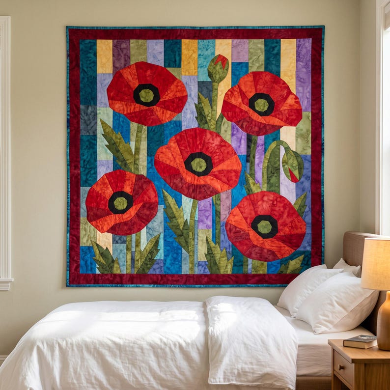 Klaprozenquiltpatroon, applicatie met rafelige rand en strijkapplicatie, bloemenquiltpatroon (PDF), patchwork wandkleed, sjabloon voor een quilt in volkskunststijl afbeelding 4