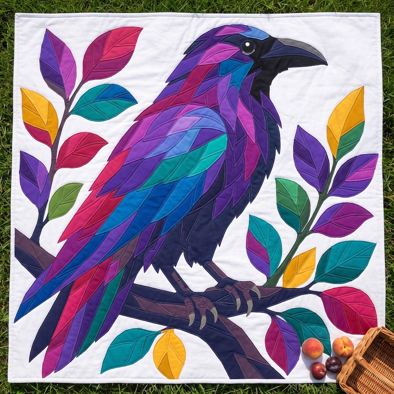 Modèle de courtepointe Corbeau, Appliqué thermocollant à bords francs (PDF), Modèle de courtepointe Oiseau, Décoration murale patchwork, Gabarit de courtepointe animal d'art populaire image 14