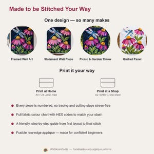 Mönster med trollslända- och solhattblommigt quiltmönster, applikations- och collagequilt i PDF-format, quiltmönster med blommigt djurmönster, applikation med råa kanter och smältbara mönster bild 12