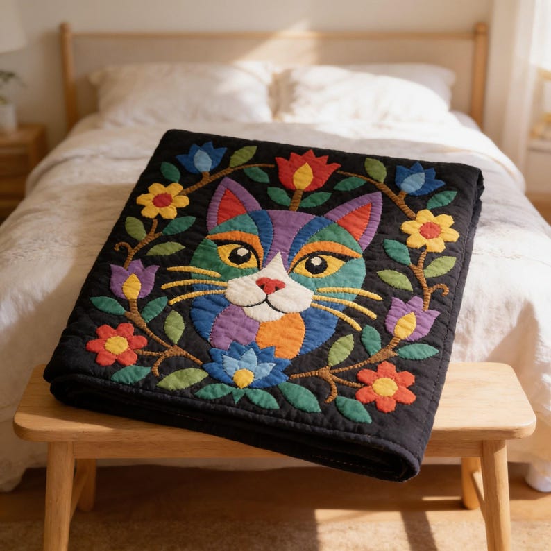 Cat Quilt Pattern, Floral Cat Wall Hanging Quilt Pattern PDF, Easy Applique Quilt for Beginners, Cat Lover Gift, Raw Edge Fusible Applique image 10