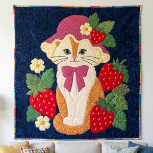 Strawberry Cat Quilt Pattern, Raw Edge Fusible Applique, Cat Quilt Pattern PDF, Patchwork Wall Hanging, Folk Art Quilt Template image 5
