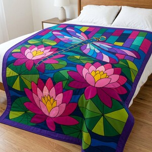 Dragonfly Waterlily Quilt Pattern, Raw Edge Fusible Applique PDF, Pond Folk Art Quilt Template, Patchwork Wall Hanging, Animal Quilt Pattern image 9