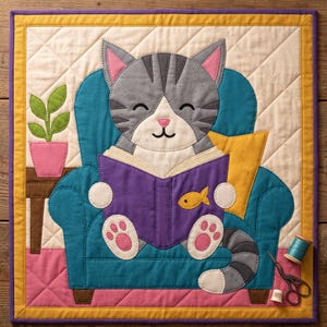 Reading Cat Quilt Pattern, Raw Edge Fusible Applique, Cat Quilt Pattern PDF, Patchwork Wall Hanging, Folk Art Quilt Template image 2