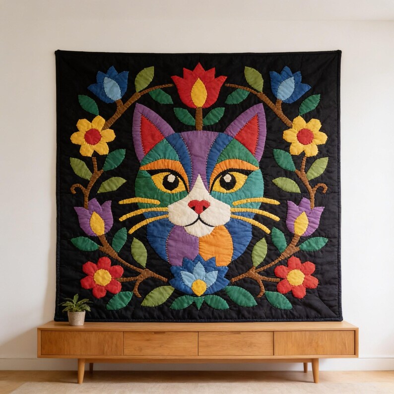 Cat Quilt Pattern, Floral Cat Wall Hanging Quilt Pattern PDF, Easy Applique Quilt for Beginners, Cat Lover Gift, Raw Edge Fusible Applique image 8