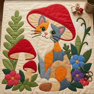猫とキノコのキルトパターン、切りっぱなしの接着芯アップリケPDF、キャリコ猫キルトパターン、パッチワーク壁掛け、フォークアートキルトテンプレート 画像 16
