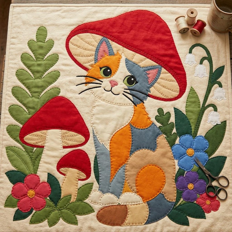 猫とキノコのキルトパターン、切りっぱなしの接着芯アップリケPDF、キャリコ猫キルトパターン、パッチワーク壁掛け、フォークアートキルトテンプレート 画像 16