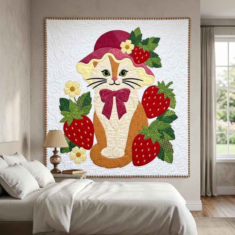 Strawberry Cat Quilt Pattern, Raw Edge Fusible Applique, Cat Quilt Pattern PDF, Patchwork Wall Hanging, Folk Art Quilt Template image 8