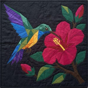 Hummingbird Quilt Pattern, Raw Edge Fusible Applique PDF, Tropical Bird Quilt Pattern, Hibiscus Patchwork Wall Hanging image 4